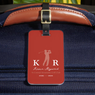 Golf Player Cool Classy Monogram Red Luggage Tag