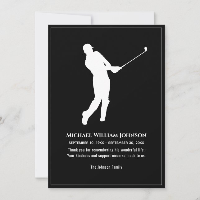 Golf Player Funeral Memorial Black And White Thank You Card (Front)