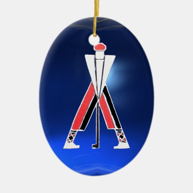 GOLF PLAYER,GOLFER RED RUBY,BLUE SAPPHIRE MONOGRAM CERAMIC TREE DECORATION (Front)