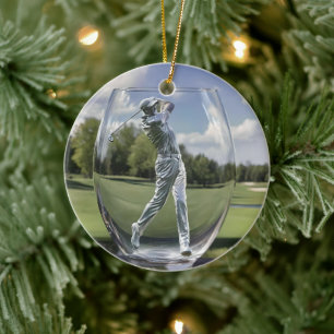 Golf Player In A Glass Tumbler With Golf Course, Ceramic Tree Decoration