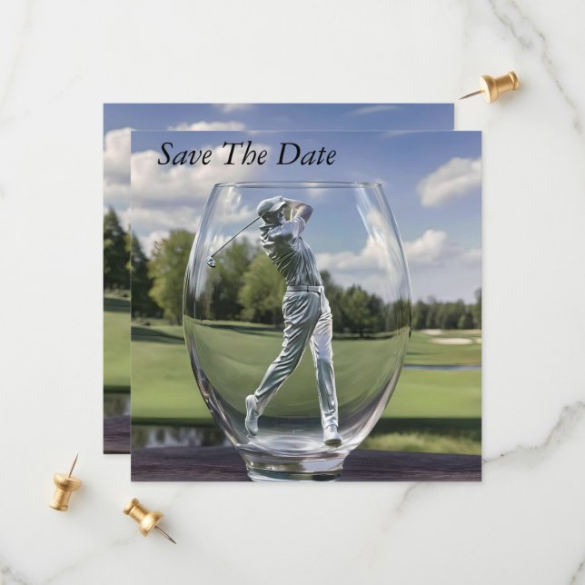 Golf Player In A Glass Tumbler With Golf Course, Save The Date (Front/Back In Situ)