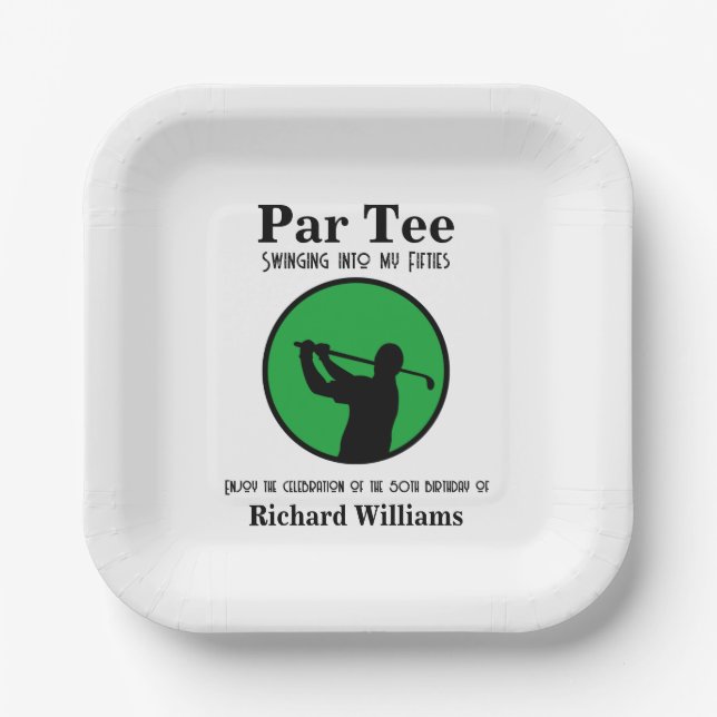 Golf Player Swinging into My Fifties 50th Birthday Paper Plate (Front)