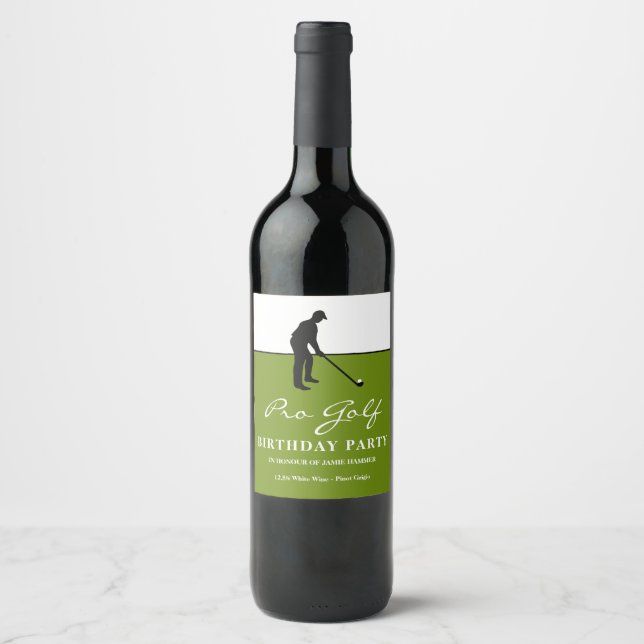 Golf Professional, Golf Silhouette, Birthday Party Wine Label (Front)
