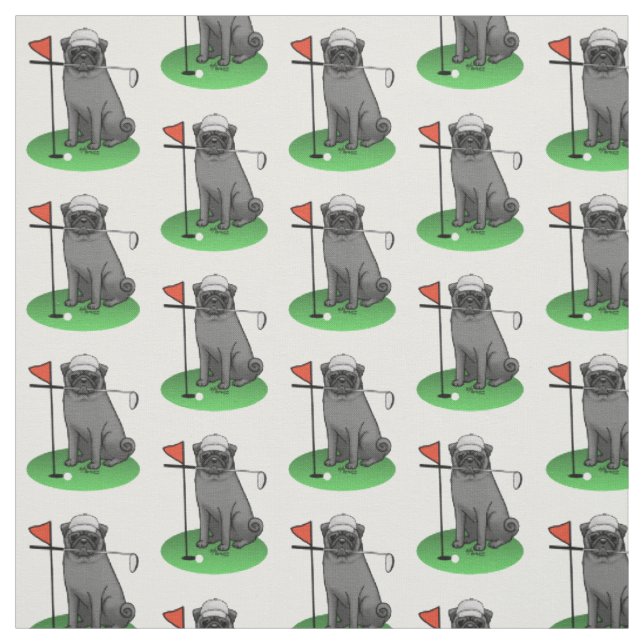 Golf Pug Playing Golf (black) Cute Dog Funny Fabric (Swatch)