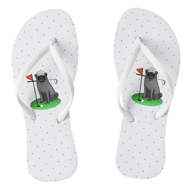 Golf Pug Playing Golf (black) Cute Dog Funny Flip Flops (Footbed)
