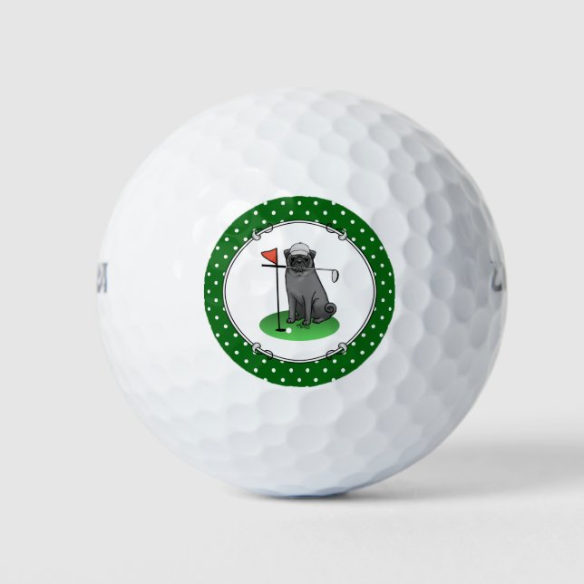 Golf Pug Playing Golf (black) Cute Dog Funny Golf Balls (Front)