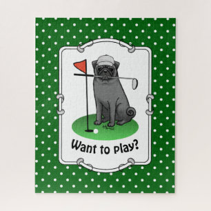 Golf Pug Playing Golf (black) Cute Dog Funny Jigsaw Puzzle