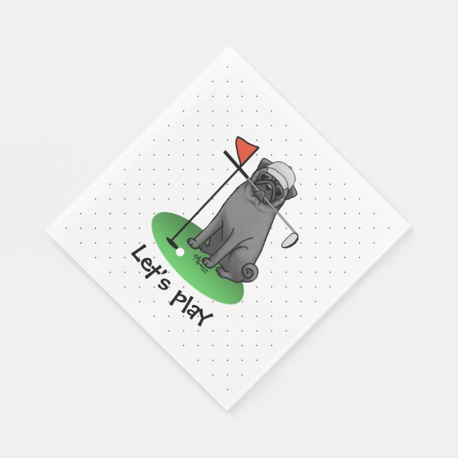 Golf Pug Playing Golf (black) Cute Dog Funny Napkin (Corner)