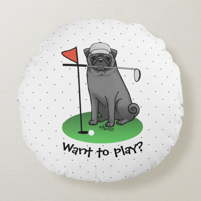 Golf Pug Playing Golf (black) Cute Dog Funny Round Cushion (Front)