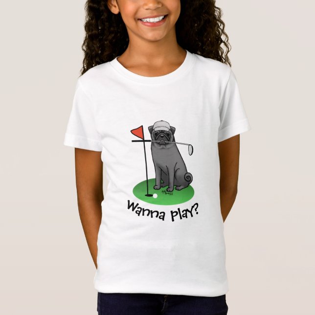 Golf Pug Playing Golf (black) Cute Dog Funny T-Shirt (Front)