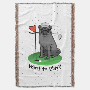 Golf Pug Playing Golf (black) Cute Dog Funny Throw Blanket
