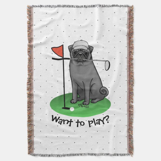 Golf Pug Playing Golf (black) Cute Dog Funny Throw Blanket (Front Vertical)