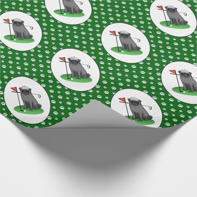 Golf Pug Playing Golf (black) Cute Dog Funny Wrapping Paper (Corner)