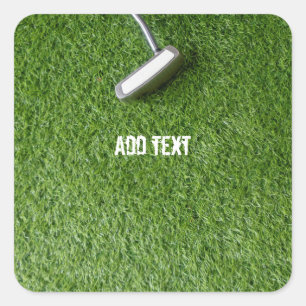 Golf putter  are on green grass Thank you Square Sticker