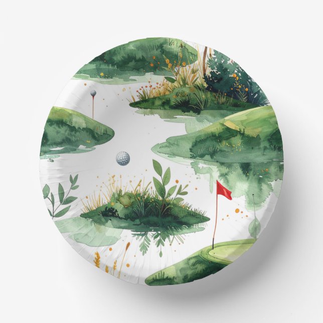 Golf Putting Green with red flag  Paper Plate (Front)