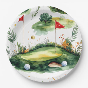 Golf Putting Green with red flag Paper Plate