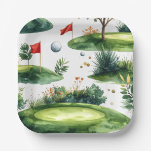 Golf Putting Green with red flag  Paper Plate