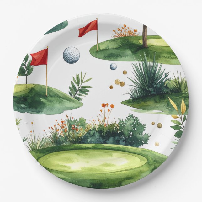 Golf Putting Green with red flag  Paper Plate (Front)