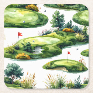 Golf Putting Green with red flag  Square Paper Coaster