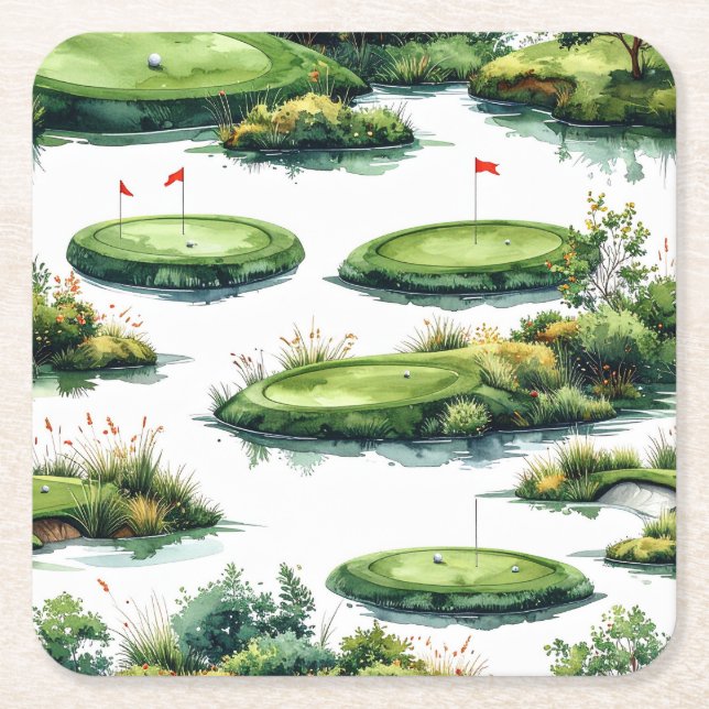 Golf Putting Green with red flag  Square Paper Coaster (Front)