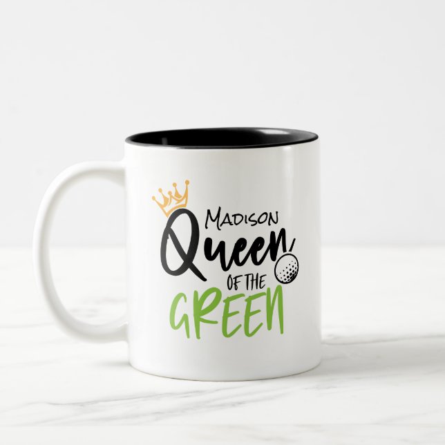 Golf Queen Of The Green Funny Modern Personalised Two-Tone Coffee Mug (Left)
