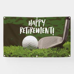 Golf Retirement with ball and iron on green Banner