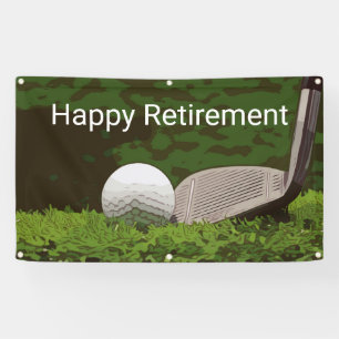 Golf Retirement with ball and iron on green Banner