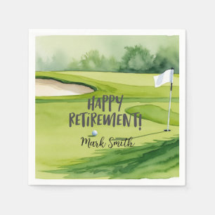 Golf retirement with ball & flag on putting green napkin