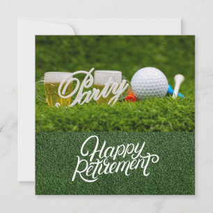 Golf retirement with golf ball and beer on green card