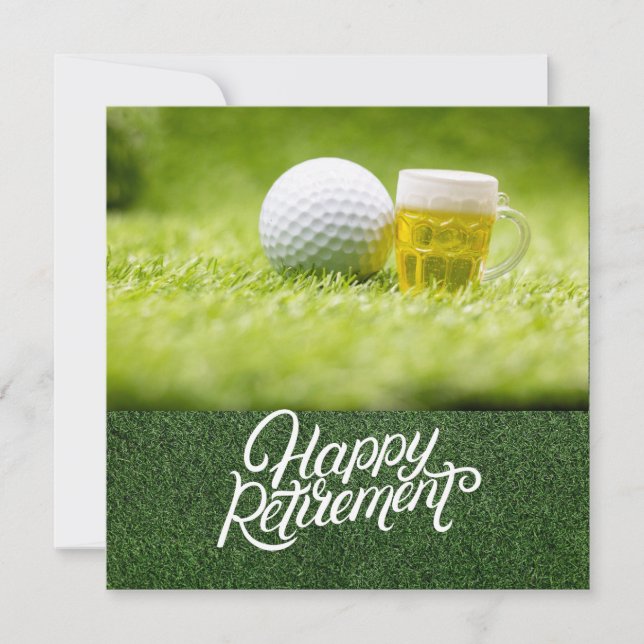 Golf retirement with golf ball and beer on green card (Front)