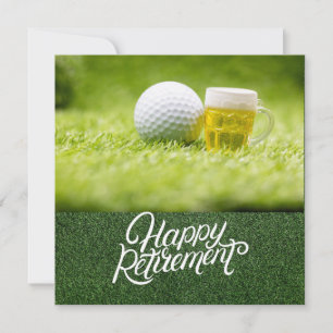 Golf retirement with golf ball and beer on green card
