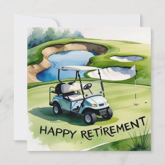 Golf retirement with golf cart on putting green  card (Front)