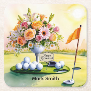 Golf Retirement with golf themed Square Paper Coaster