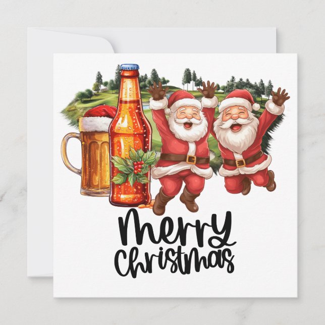 Golf Santa and Beer for Christmas Funny Golfer  Holiday Card (Front)