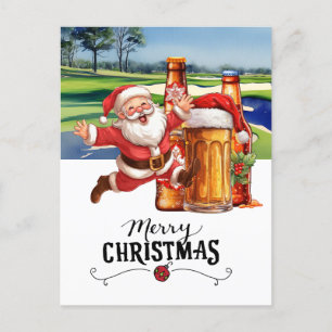 Golf Santa and Beer for Christmas Funny  Holiday Postcard