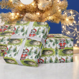 Golf Santa Cat with Golf Flag Christmas Background Wrapping Paper
