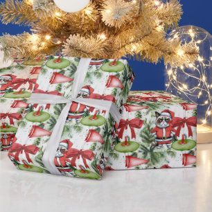 Golf Santa Cat with Golf Flag Christmas Background Wrapping Paper