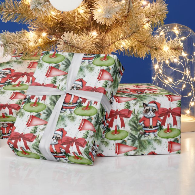 Golf Santa Cat with Golf Flag Christmas Background Wrapping Paper (Holidays)