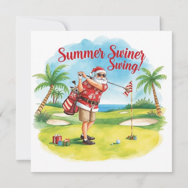 Golf Santa Christmas Summer time Holiday Card (Front)
