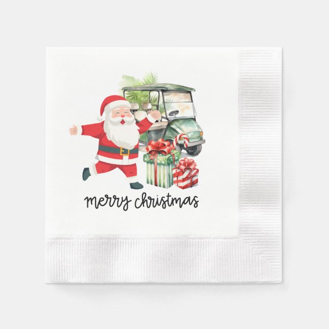Golf Santa  Claus and Golf Cart Christmas  Napkin (Front)
