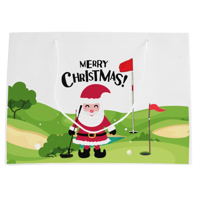Golf Santa Claus golfer Merry Christmas on Green   Large Gift Bag (Front)