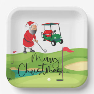  Golf Santa Claus golfer Merry Christmas on Green  Paper Plate