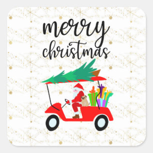 Golf Santa Claus ride red cart Christmas Tree   Square Sticker