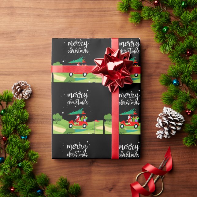 Golf Santa Claus ride red cart Christmas Tree  Wrapping Paper (Holiday Gift)
