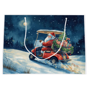 Golf Santa Claus Riding Red Cart Christmas Holiday Large Gift Bag