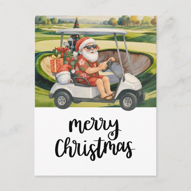 Golf Santa driving golf cart near Bunker Christmas Holiday Postcard (Front)