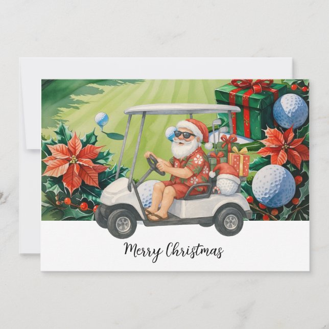 Golf Santa driving golf cart on Christmas fairway Holiday Card (Front)