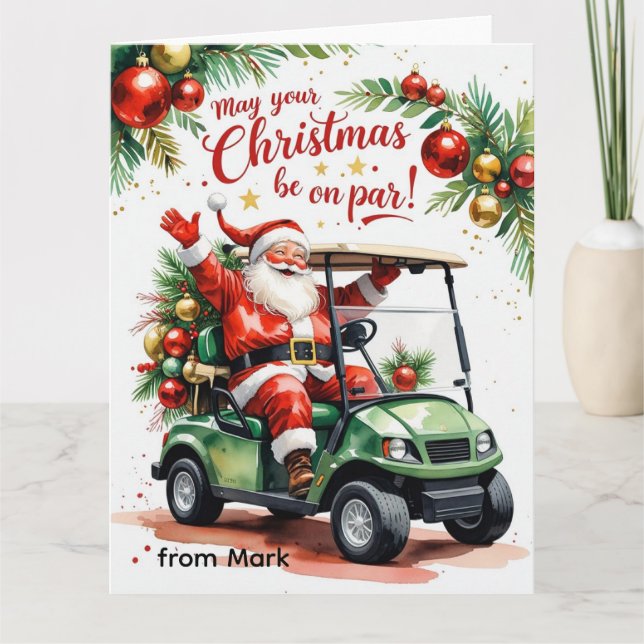 Golf Santa riding golf cart Christmas on course Card (Front)