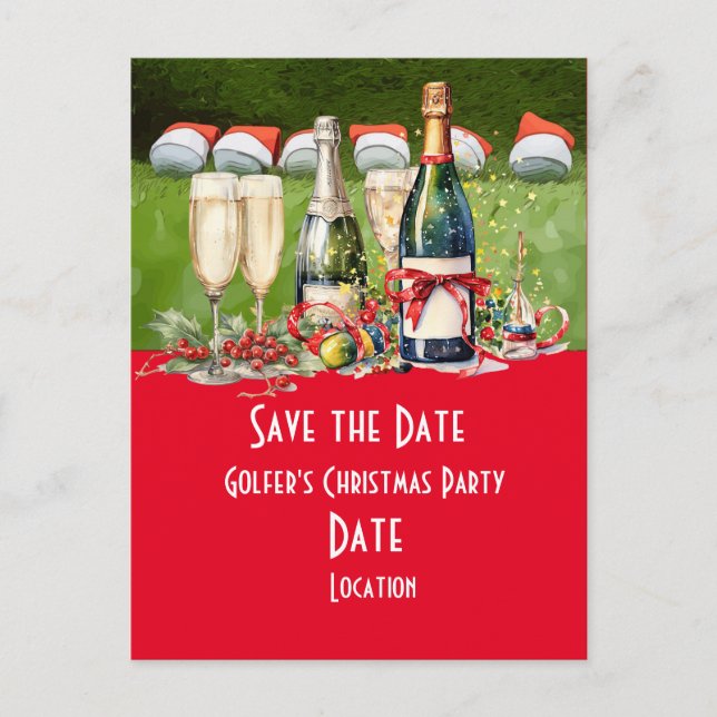 Golf Save the Date Christmas Party Golf ball Santa Postcard (Front)