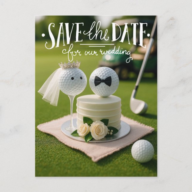 Golf save the date for our wedding with golf balls postcard (Front)